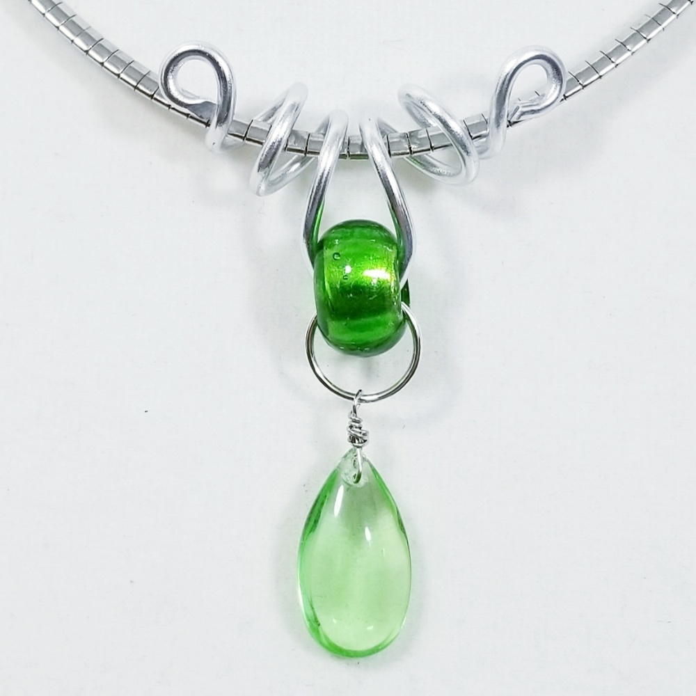 Aluminum Silver Spiral Pendant Green Glass Bead